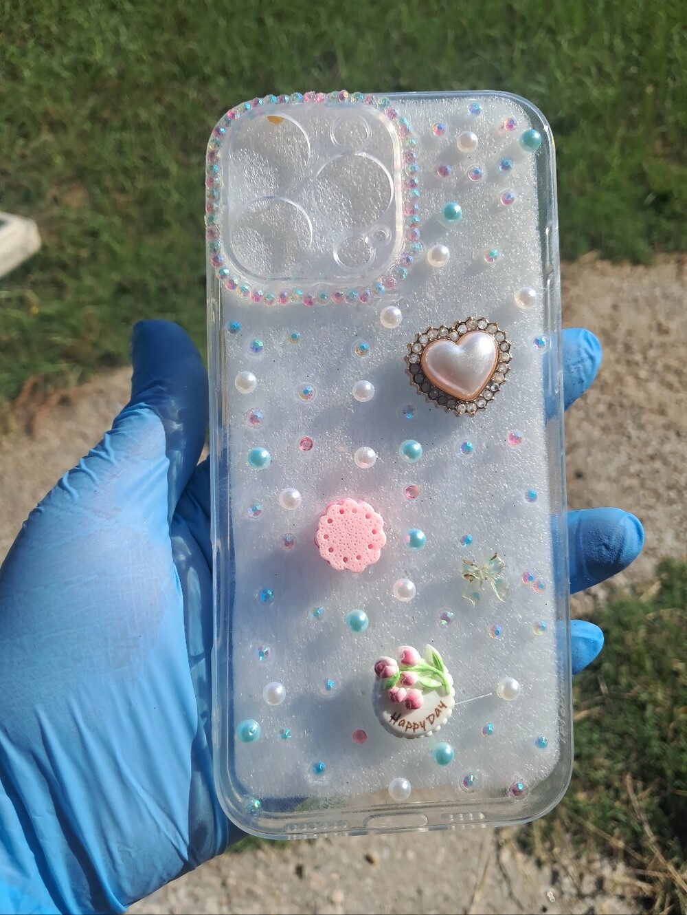 iPhone 16 Pro Max. Clear Glitter Pearl Heart Phone Case - Pink & Pearl Accents